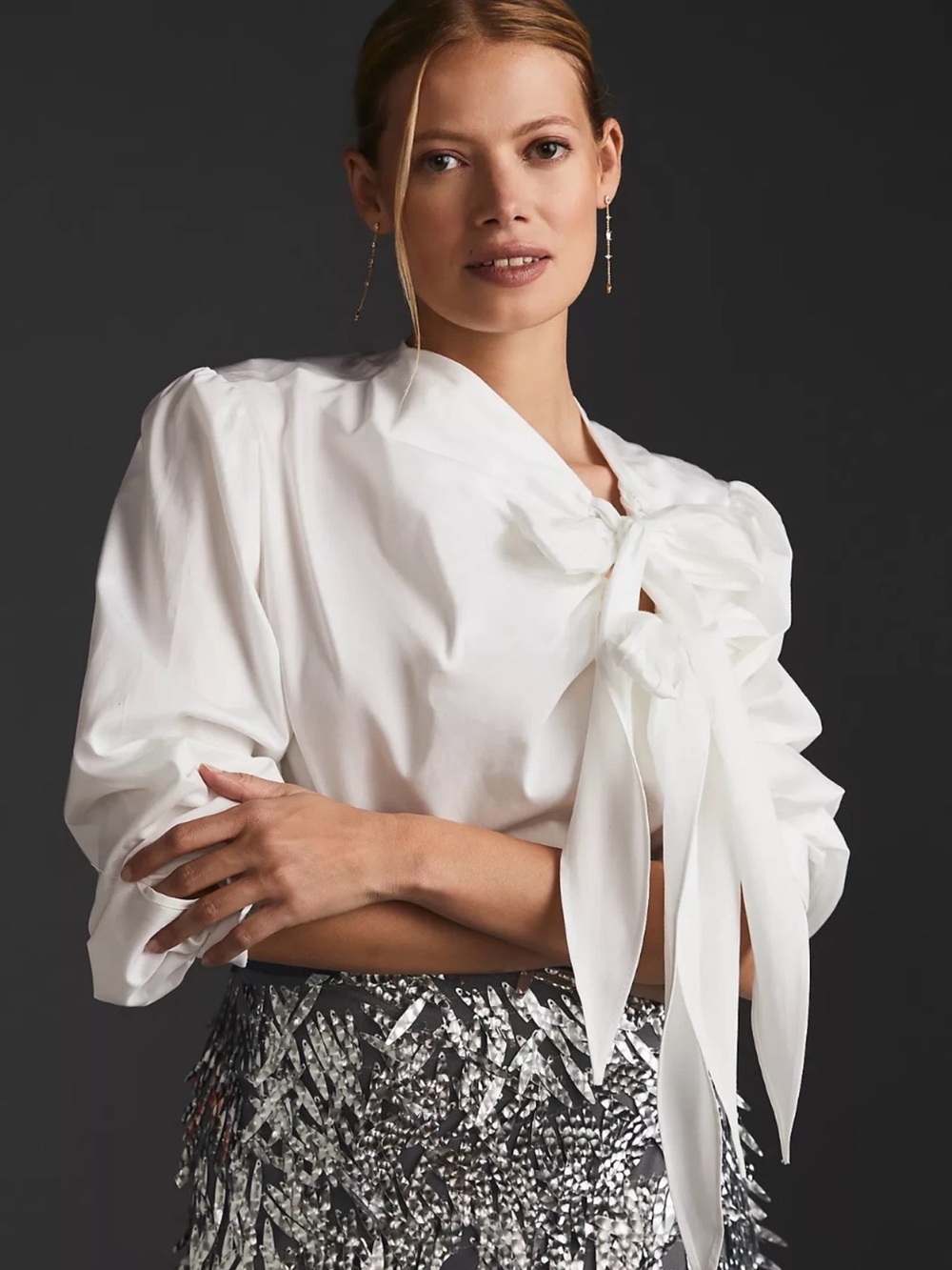 Maeve Anthropologie White Bow-Tie Blouse Large - Picture 3 of 6
